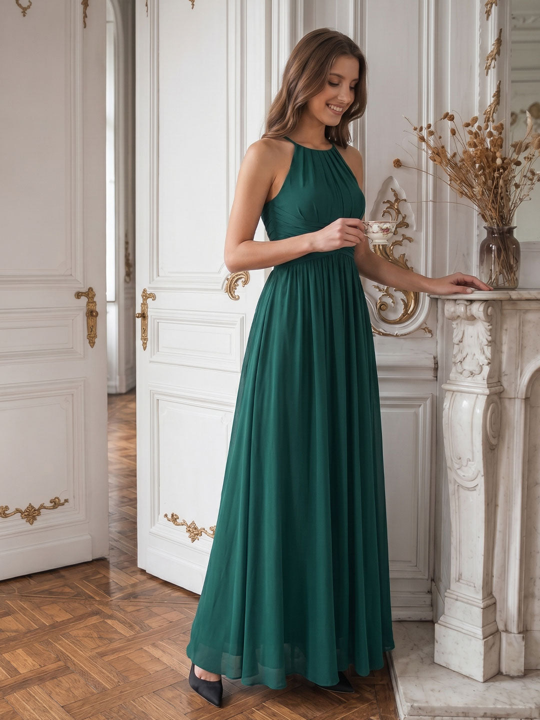 Peacock Chiffon A-Line Halter Criss-Cross Back Floor-Length Pleated Bridesmaid Dress
