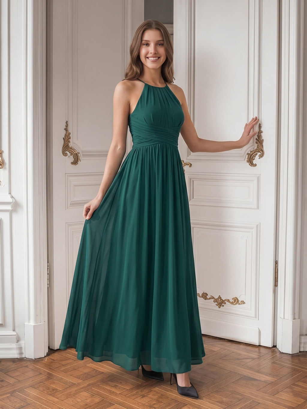 Peacock Chiffon A-Line Halter Criss-Cross Back Floor-Length Pleated Bridesmaid Dress