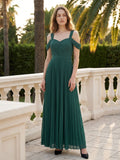 Peacock Chiffon A-Line Off-the-Shoulder Backless Floor-Length Pleated Dress