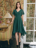 Peacock Chiffon A-Line V-Neck Back Zip Asymmetrical Pleated Bridesmaid Dress