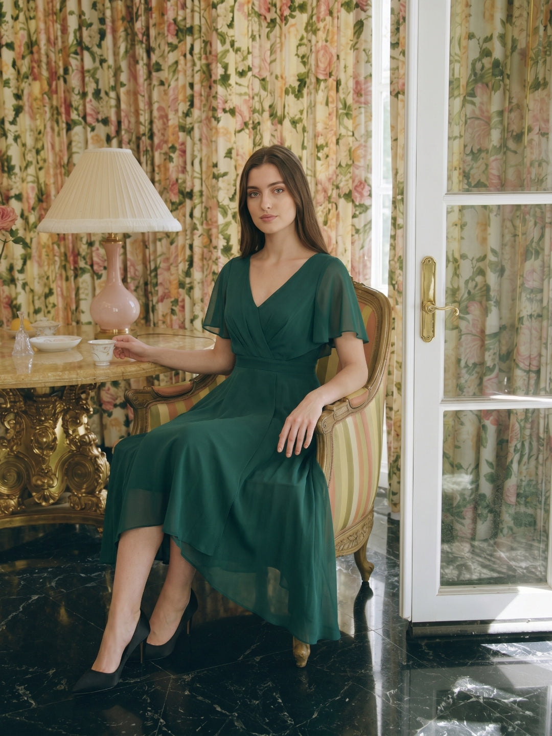 Peacock Chiffon A-Line V-Neck Back Zip Asymmetrical Pleated Bridesmaid Dress