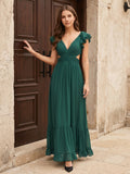 Peacock Chiffon A-Line V-Neck Criss-Cross Back Floor-Length Ruffle Bridesmaid Dress
