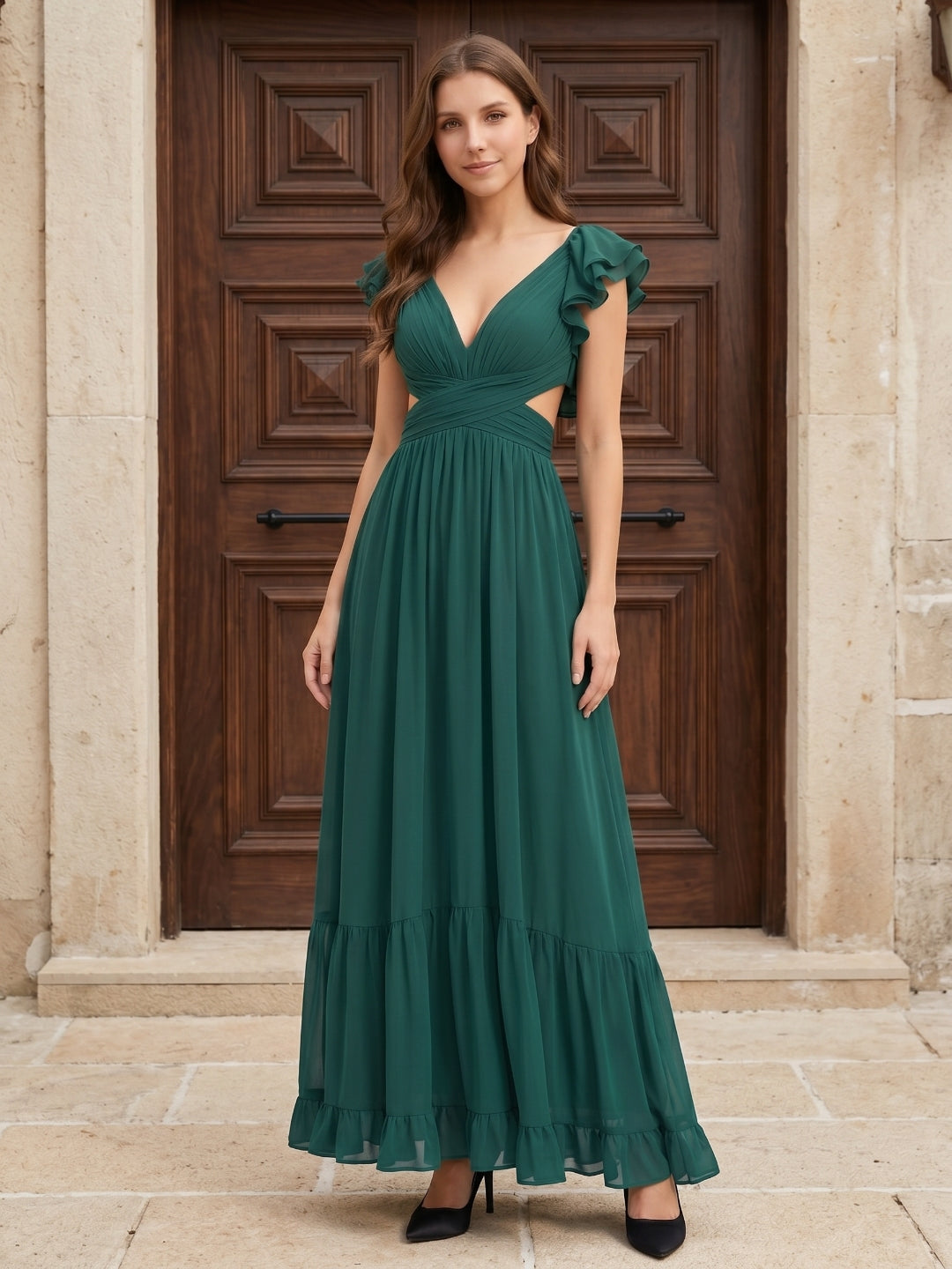 Peacock Chiffon A-Line V-Neck Criss-Cross Back Floor-Length Ruffle Bridesmaid Dress