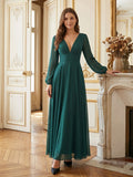 Peacock Chiffon A-Line V-Neck V-Back Floor-Length Bridesmaid Dress
