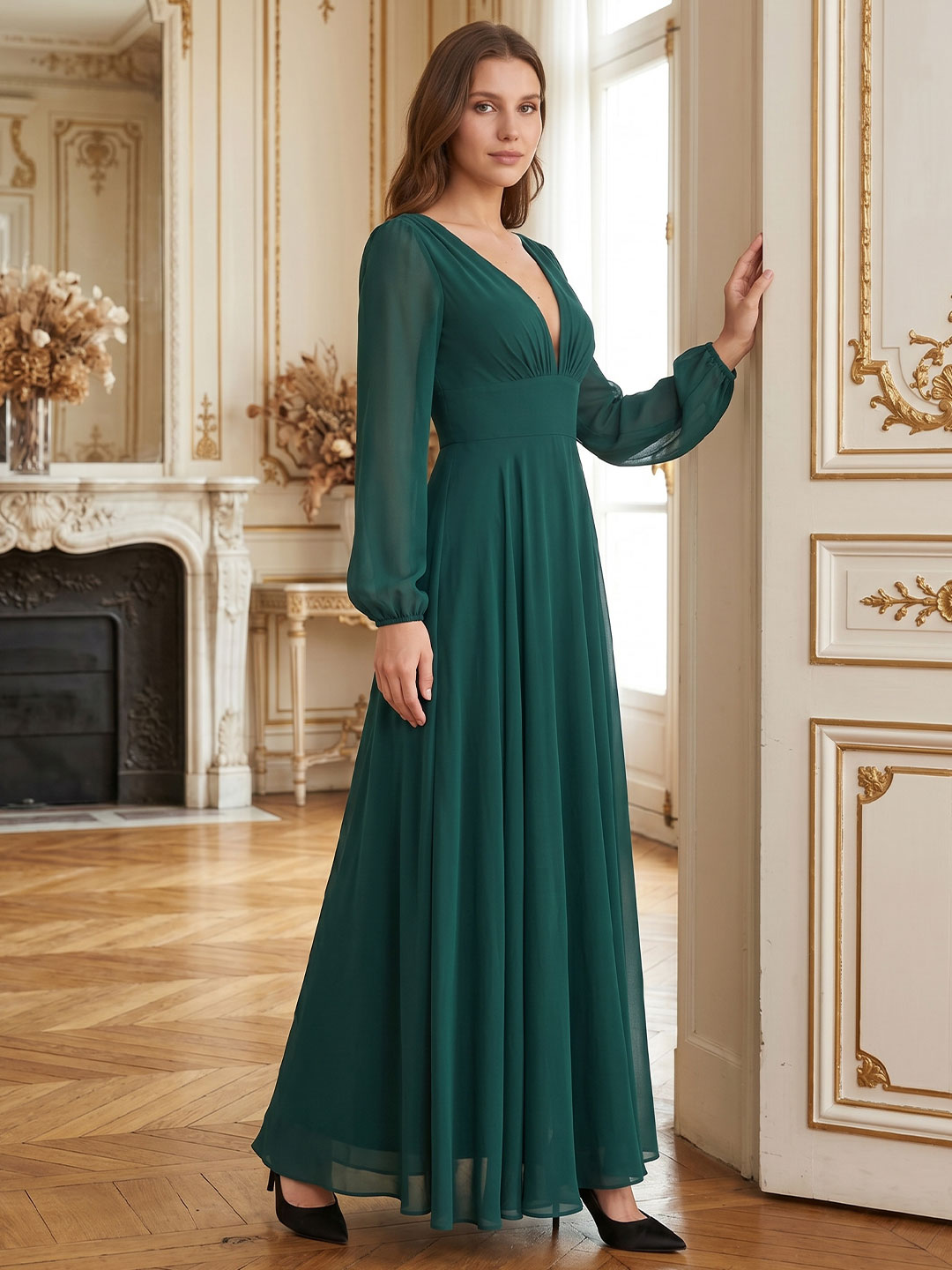 Peacock Chiffon A-Line V-Neck V-Back Floor-Length Bridesmaid Dress