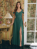 Peacock Chiffon A-Line V-Neck V-Back Floor-Length Pleated Bridesmaid Dress