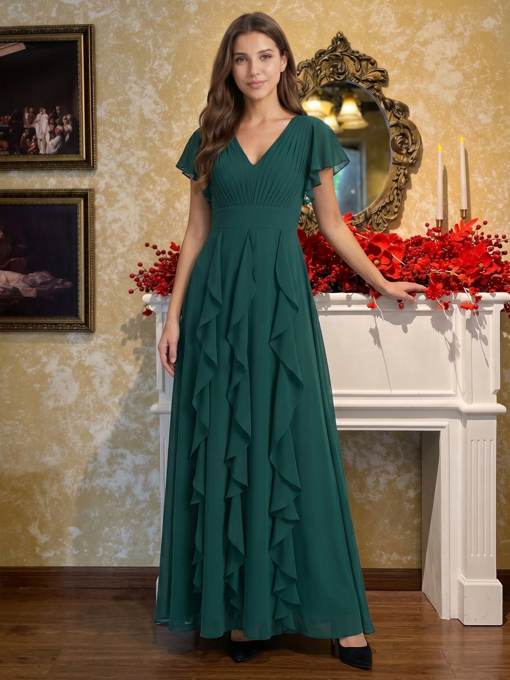 Peacock Chiffon A-Line V-Neck V-Back Floor-Length Ruffle Bridesmaid Dress