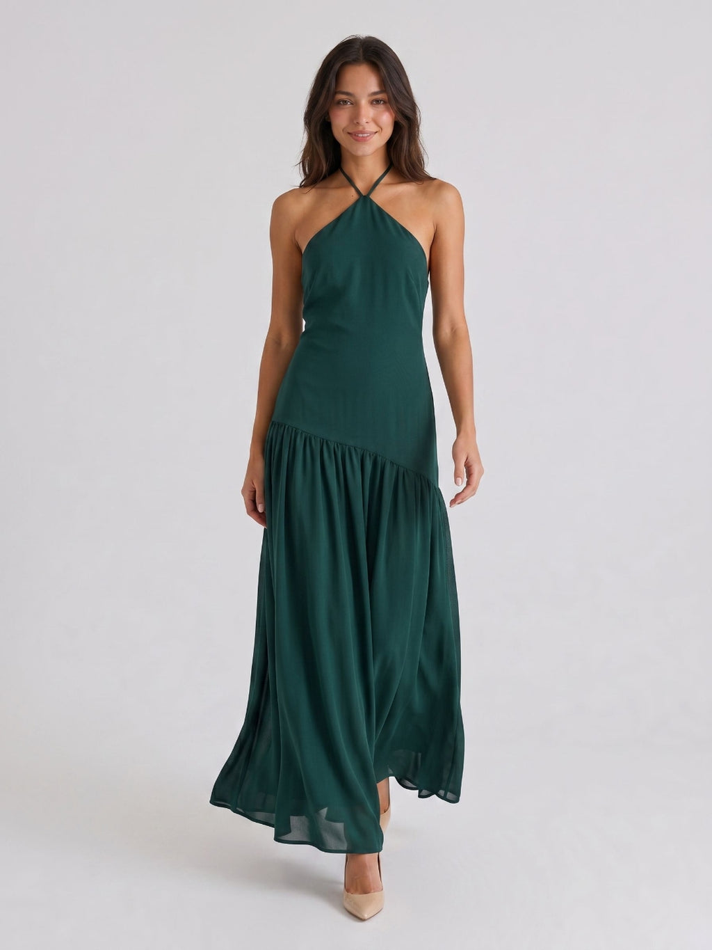 Peacock Chiffon Column Halter Neckline Backless Floor-Length Formal Dress with Pleating