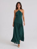 Peacock Chiffon Column Halter Neckline Backless Floor-Length Formal Dress with Pleating