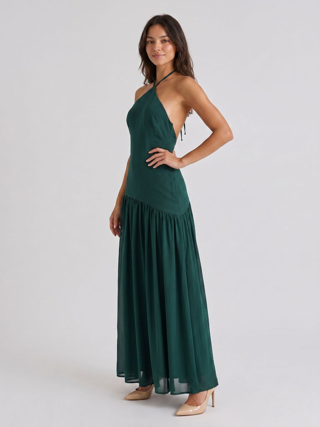 Peacock Chiffon Column Halter Neckline Backless Floor-Length Formal Dress with Pleating