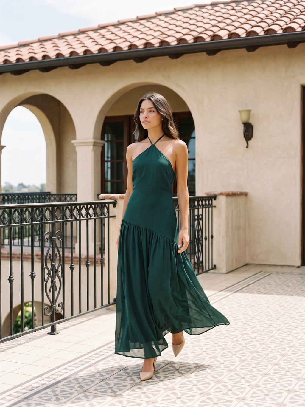 Peacock Chiffon Column Halter Neckline Backless Floor-Length Formal Dress with Pleating