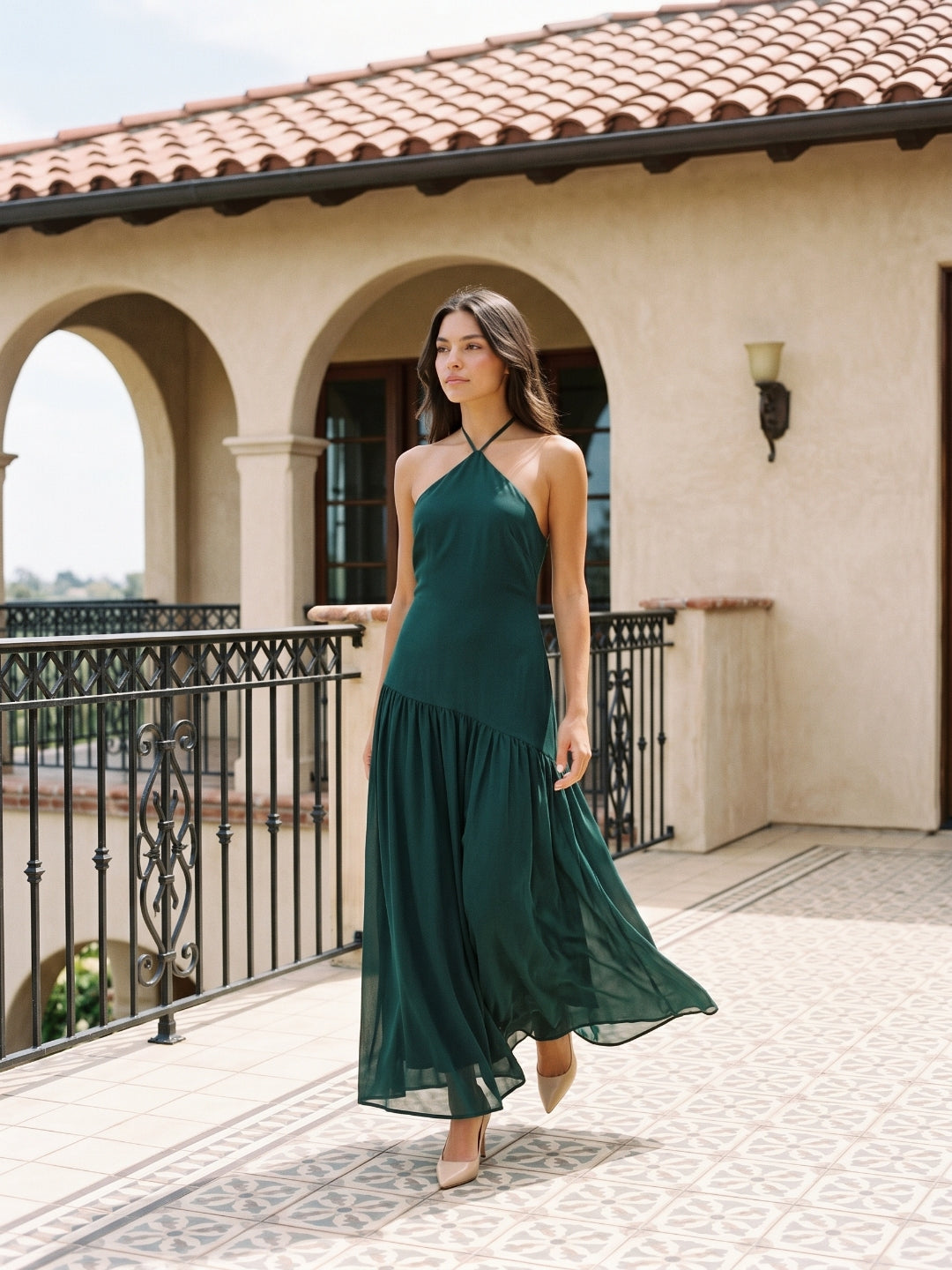 Peacock Chiffon Column Halter Neckline Backless Floor-Length Formal Dress with Pleating