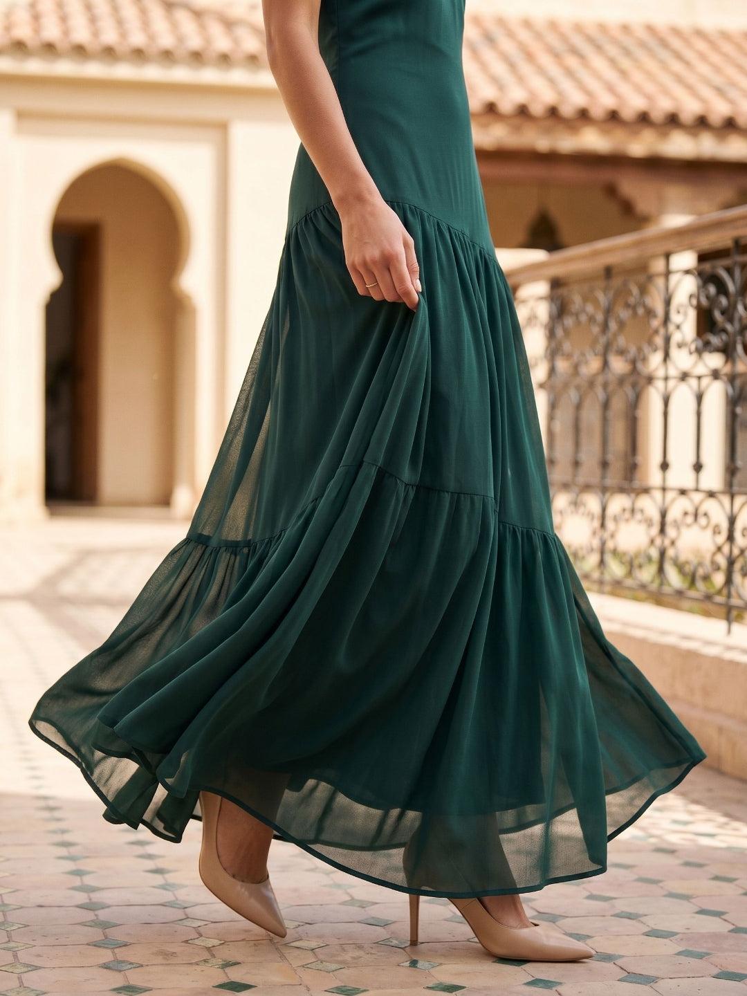 Peacock Chiffon Column Halter Neckline Backless Floor-Length Formal Dress with Pleating