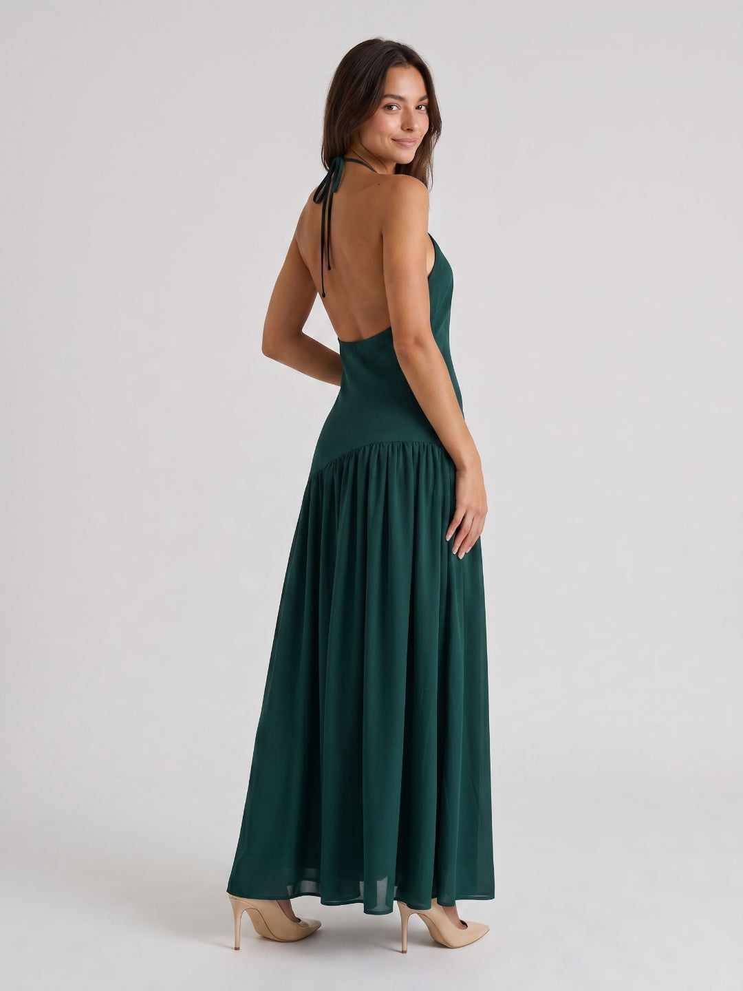 Peacock Chiffon Column Halter Neckline Backless Floor-Length Formal Dress with Pleating
