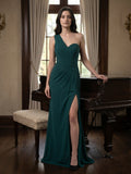 Peacock Chiffon Sheath One Shoulder Back Zip Floor-Length Pleated Bridesmaid Dress