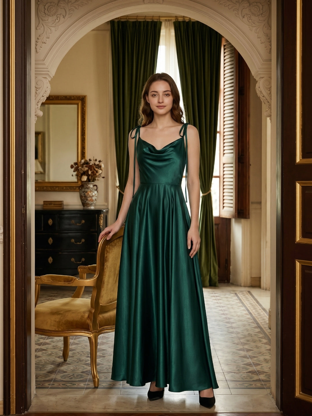 Peacock Satin A-Line Cowl Neck Back Zip Floor-Length Bridesmaid Dress with Bow