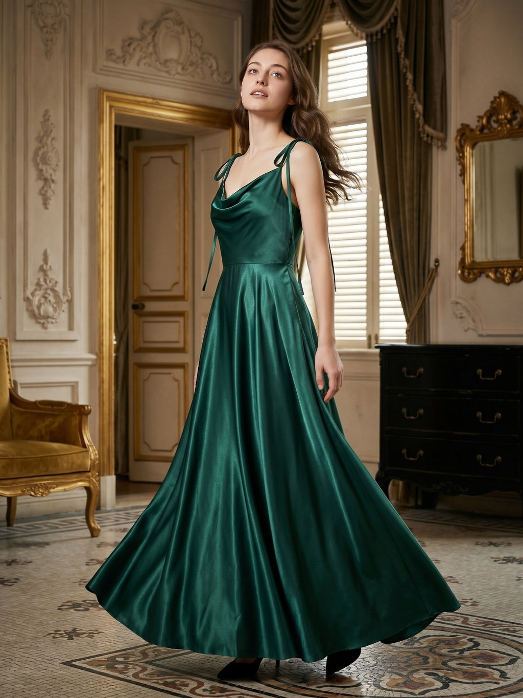 Peacock Satin A-Line Cowl Neck Back Zip Floor-Length Bridesmaid Dress with Bow