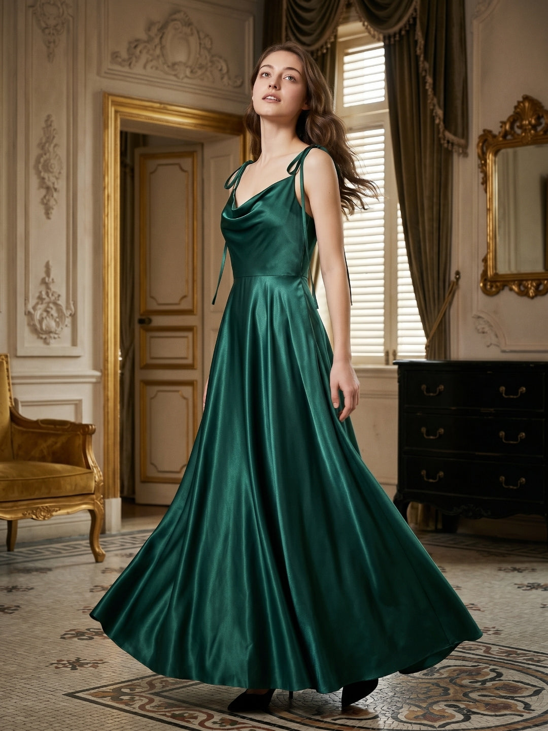 Peacock Satin A-Line Cowl Neck Back Zip Floor-Length Bridesmaid Dress with Bow