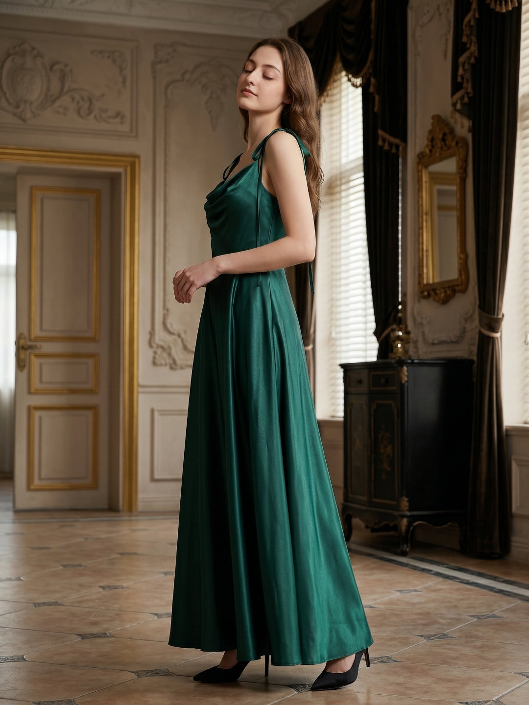 Peacock Satin A-Line Cowl Neck Back Zip Floor-Length Bridesmaid Dress with Bow