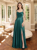 Peacock Satin A-Line Cowl Neck Backless Floor-Length Pleated Bridesmaid Dress