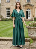 Peacock Satin A-Line V-Neck Side Zip Floor-Length Bridesmaid Dress with Bow
