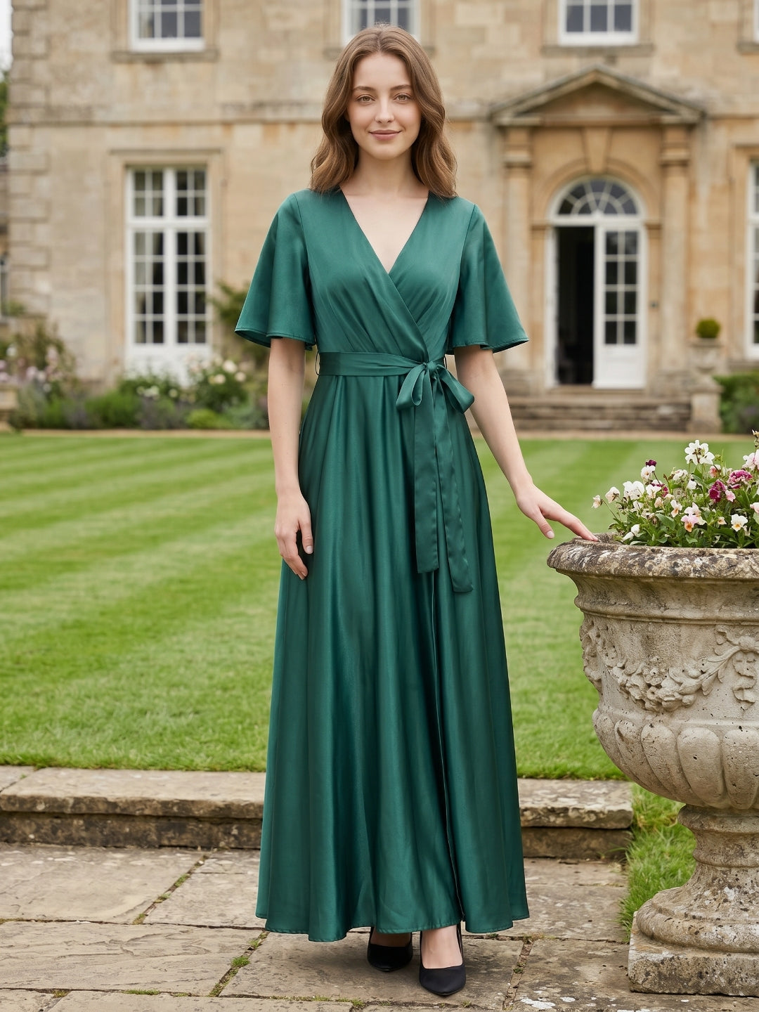 Peacock Satin A-Line V-Neck Side Zip Floor-Length Bridesmaid Dress with Bow