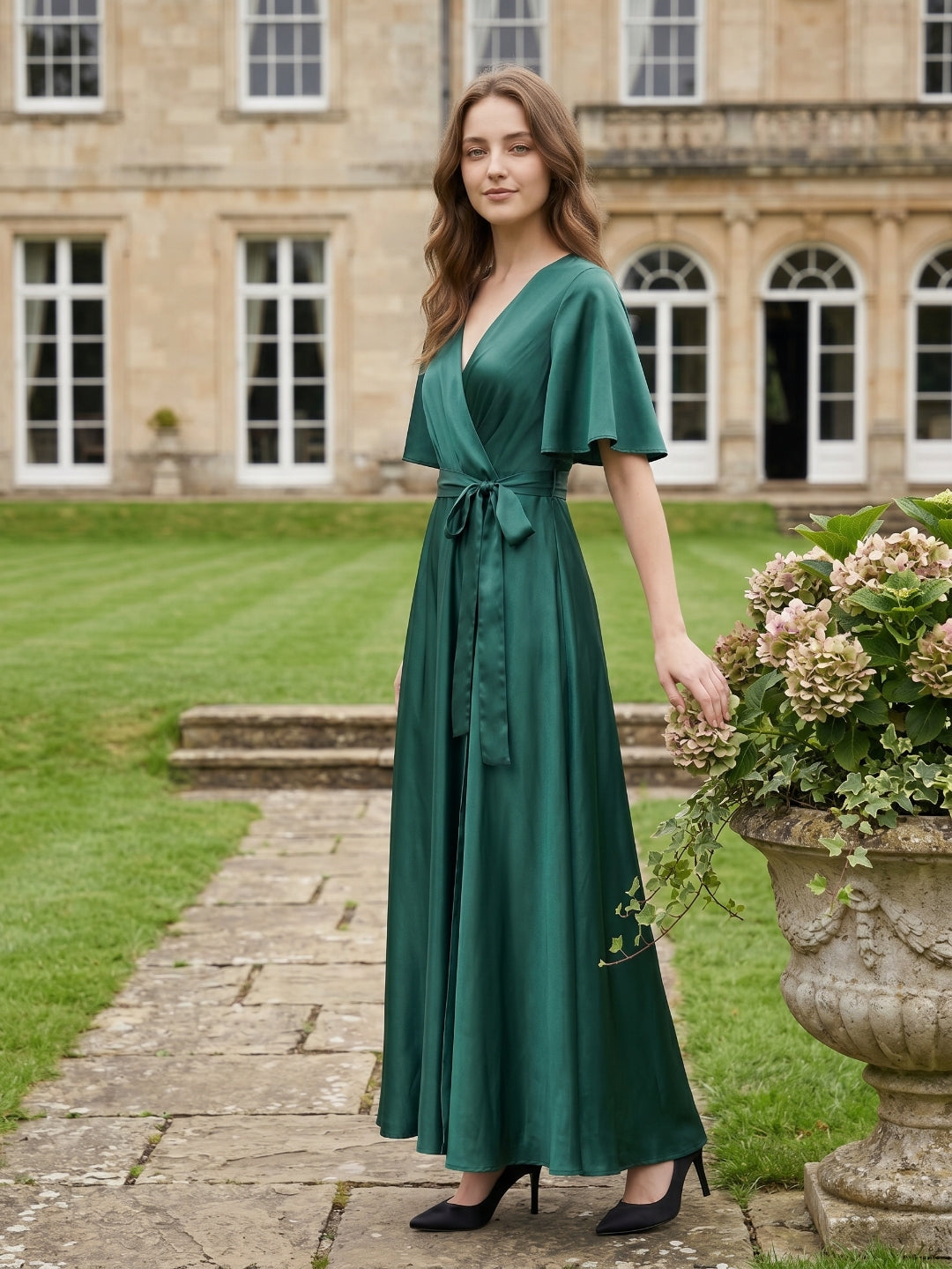 Peacock Satin A-Line V-Neck Side Zip Floor-Length Bridesmaid Dress with Bow