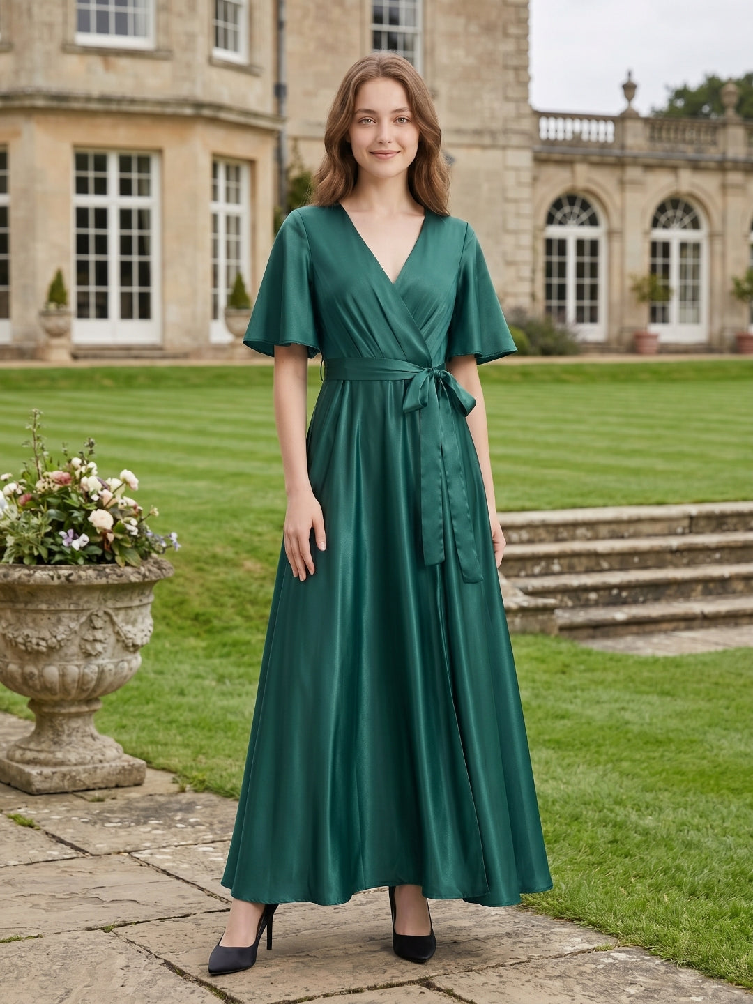 Peacock Satin A-Line V-Neck Side Zip Floor-Length Bridesmaid Dress with Bow
