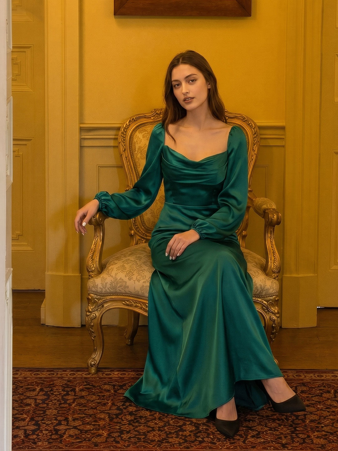 Peacock Satin Sheath Cowl Neck Back Zip Floor-Length Bridesmaid Dress