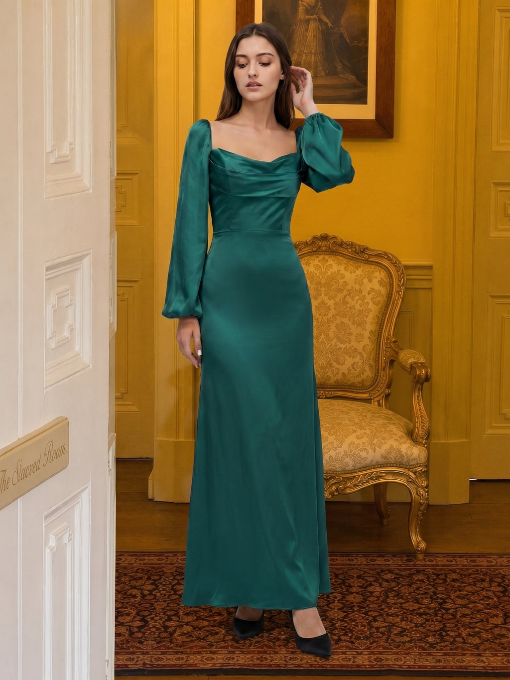 Peacock Satin Sheath Cowl Neck Back Zip Floor-Length Bridesmaid Dress
