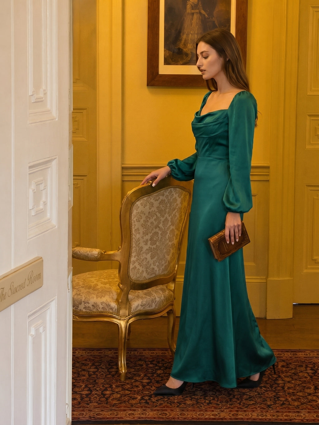 Peacock Satin Sheath Cowl Neck Back Zip Floor-Length Bridesmaid Dress