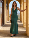 Peacock Satin Sheath Halter Backless Floor-Length Bridesmaid Dress