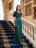 Peacock Satin Sheath One Shoulder Back Zip Floor-Length Ruffle Bridesmaid Dress
