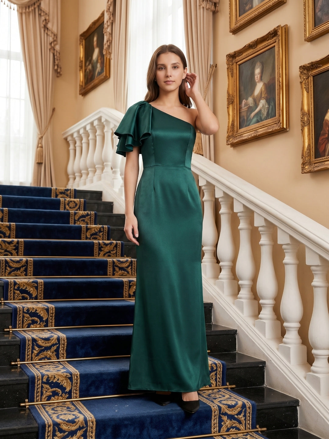 Peacock Satin Sheath One Shoulder Back Zip Floor-Length Ruffle Bridesmaid Dress
