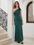 Peacock Satin Sheath One Shoulder Side Zip Floor-Length Bridesmaid Dress with Bow