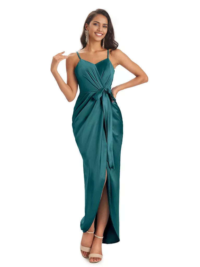 High Low Spaghetti Straps V-neck Mermaid Asymmetrical Soft Satin Bridesmaid Dresses