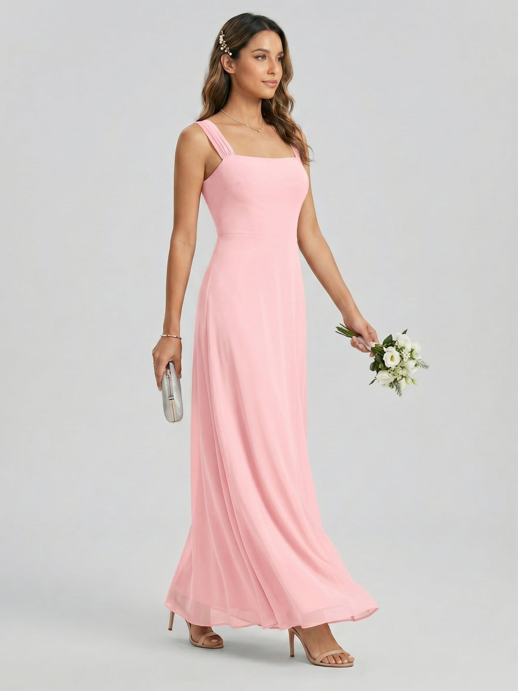 Coquette Petal Chiffon Sheath Square Neck Backless Ankle-Length  Bridesmaid Dress