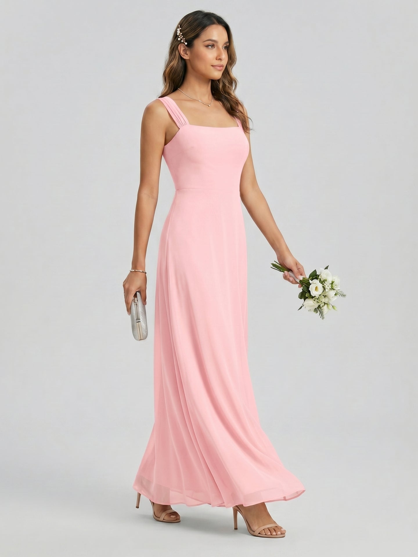 Coquette Petal Chiffon Sheath Square Neck Backless Ankle-Length  Bridesmaid Dress