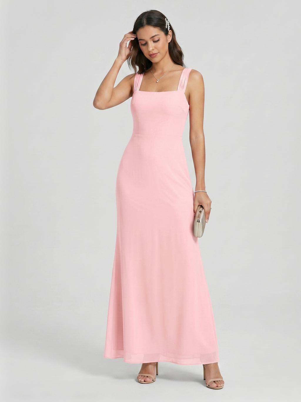 Coquette Petal Chiffon Sheath Square Neck Backless Ankle-Length  Bridesmaid Dress