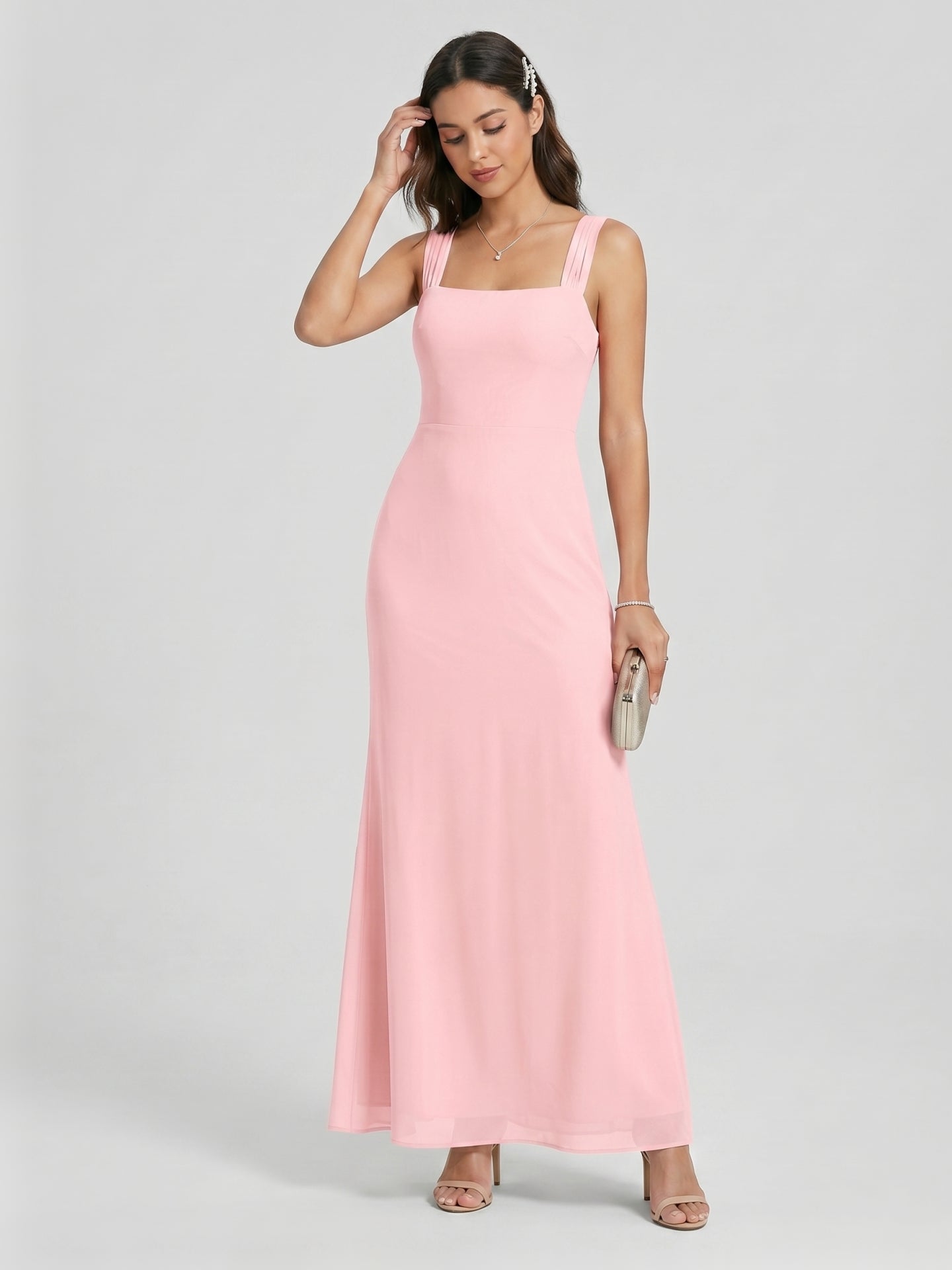 Coquette Petal Chiffon Sheath Square Neck Backless Ankle-Length  Bridesmaid Dress