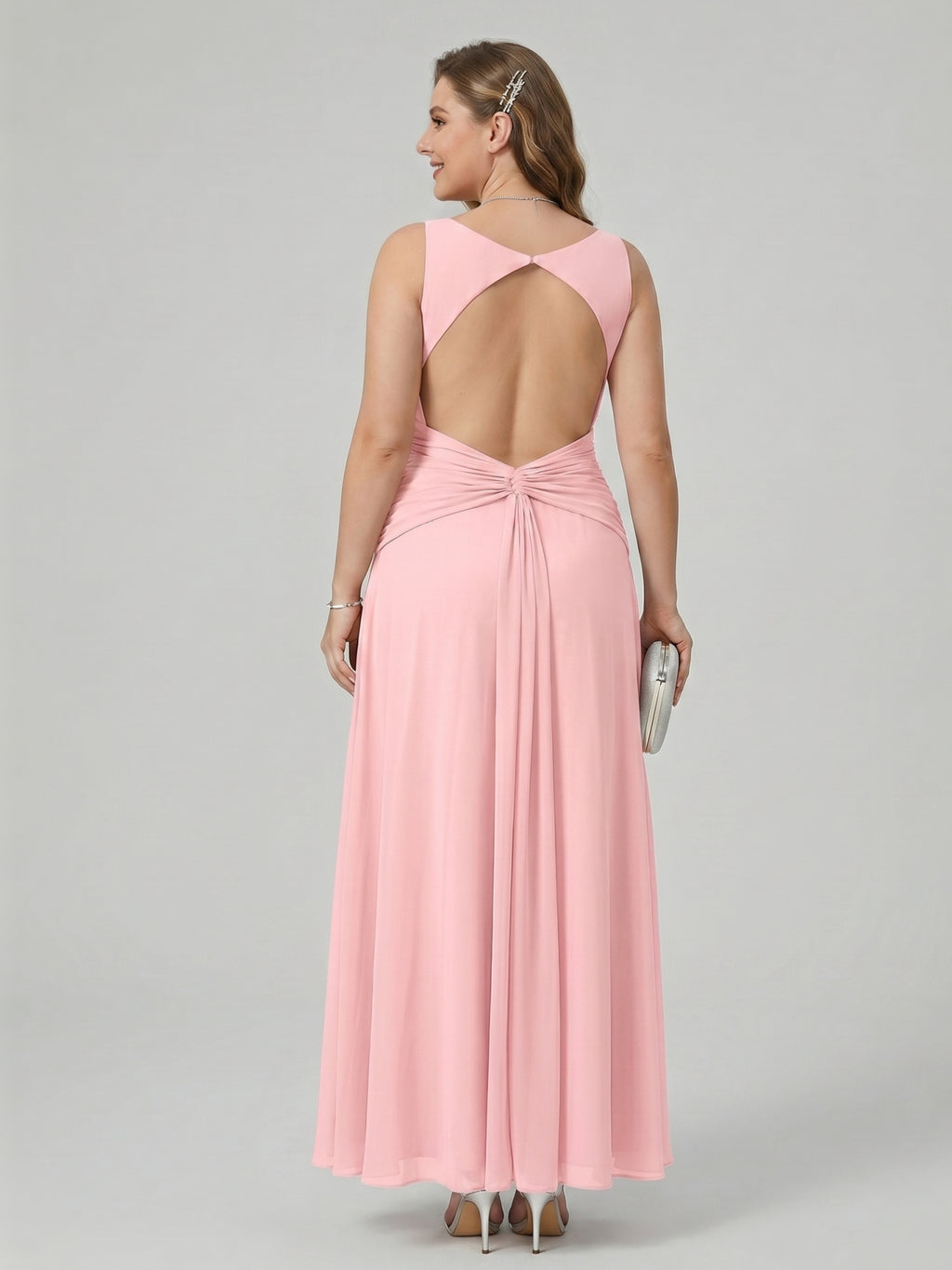 Coquette Petal Chiffon Sheath Square Neck Backless Ankle-Length  Bridesmaid Dress