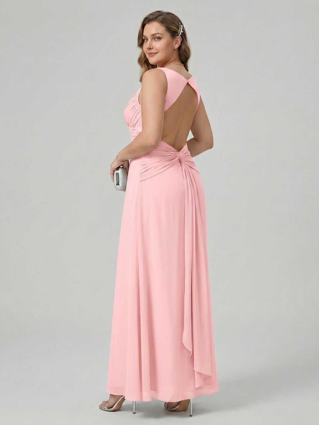 Coquette Petal Chiffon Sheath Square Neck Backless Ankle-Length  Bridesmaid Dress