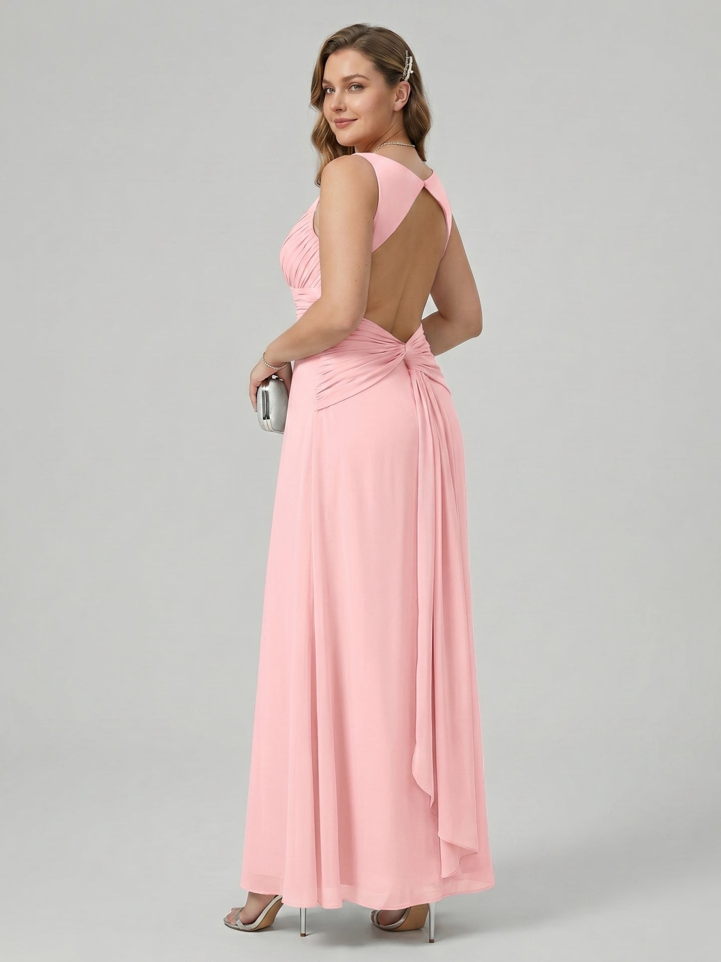 Coquette Petal Chiffon Sheath Square Neck Backless Ankle-Length  Bridesmaid Dress
