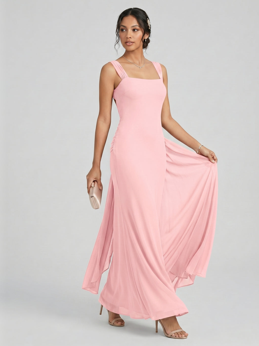 Coquette Petal Chiffon Sheath Square Neck Backless Ankle-Length  Bridesmaid Dress