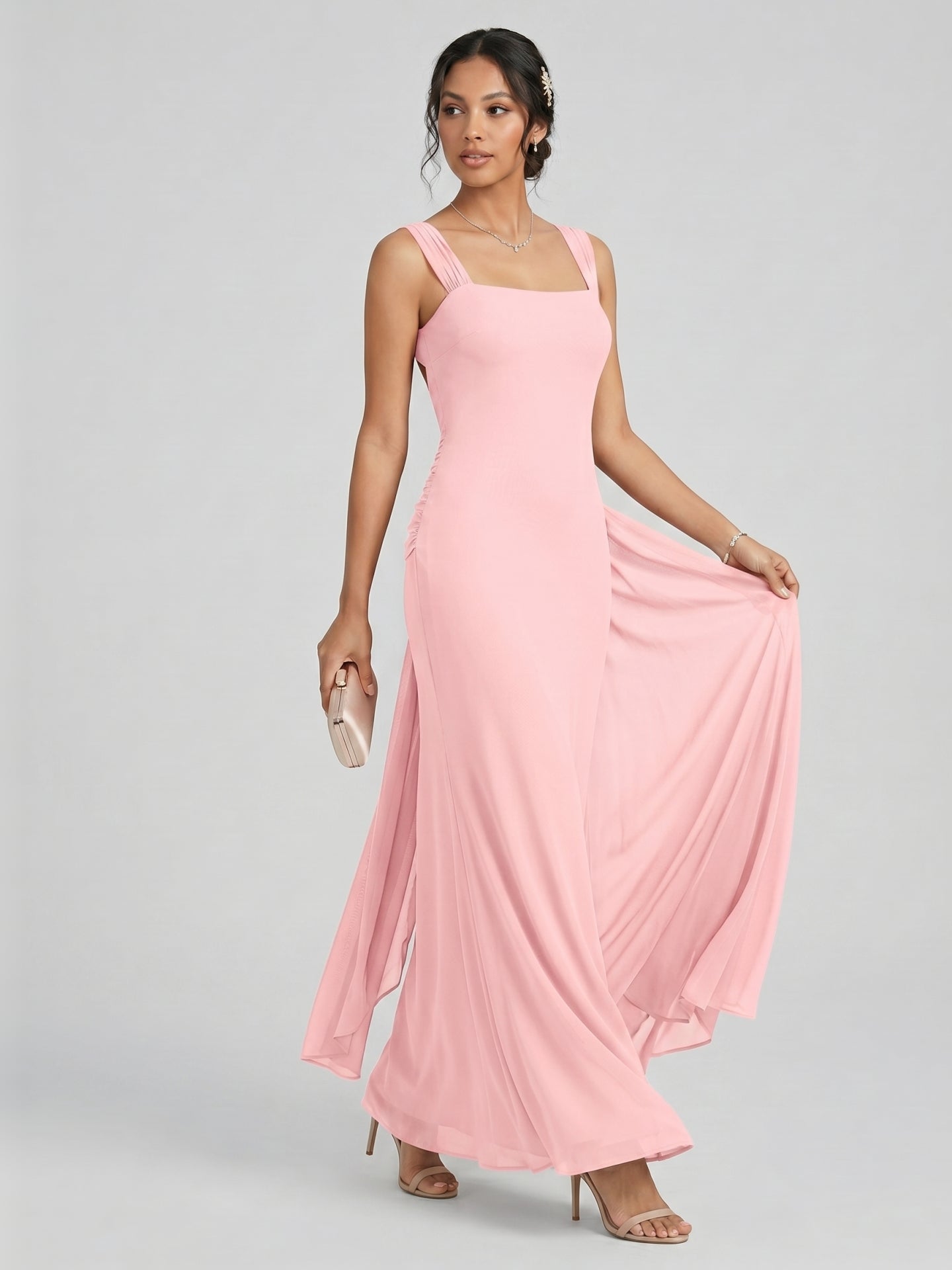 Coquette Petal Chiffon Sheath Square Neck Backless Ankle-Length  Bridesmaid Dress