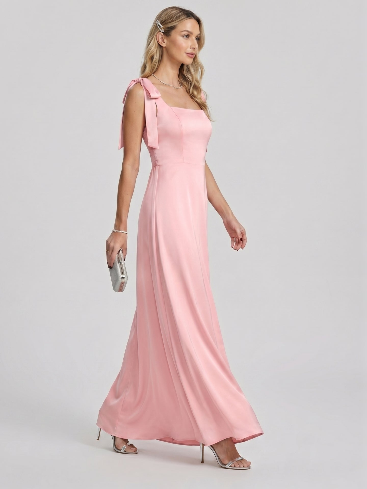 Coquette Petal Satin A-Line Square Neck Back Zip Ankle-Length Bridesmaid Dress