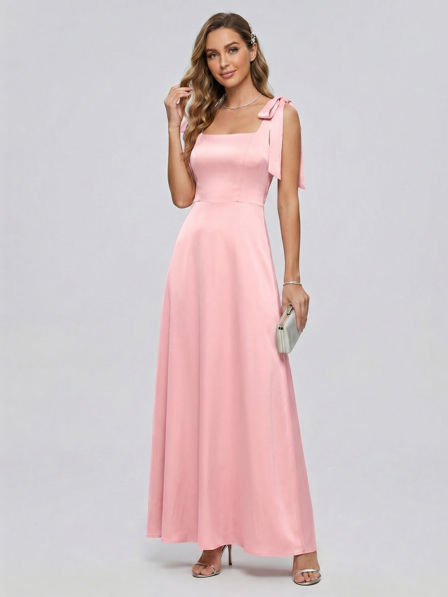 Coquette Petal Satin A-Line Square Neck Back Zip Ankle-Length Bridesmaid Dress