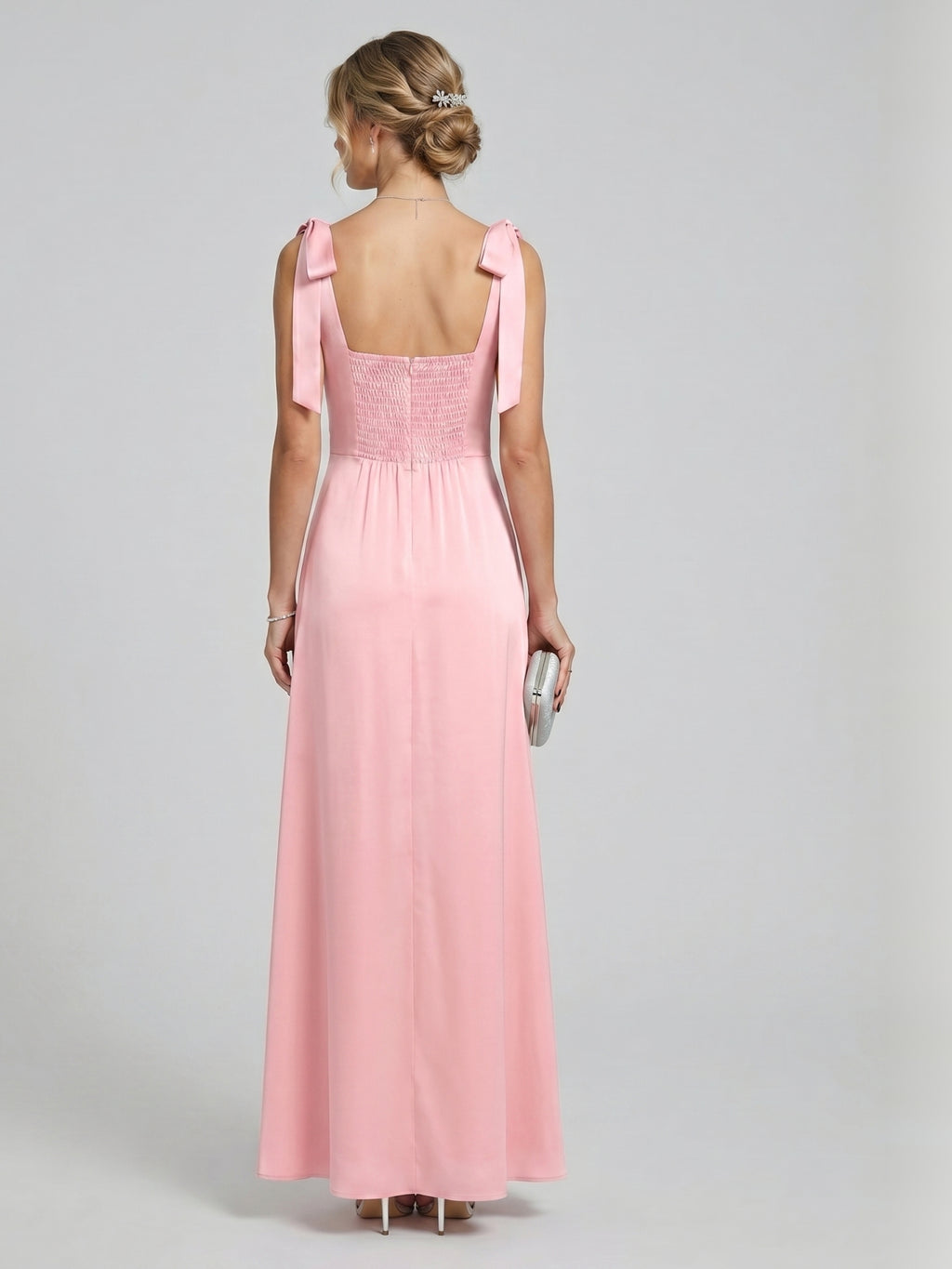 Coquette Petal Satin A-Line Square Neck Back Zip Ankle-Length Bridesmaid Dress