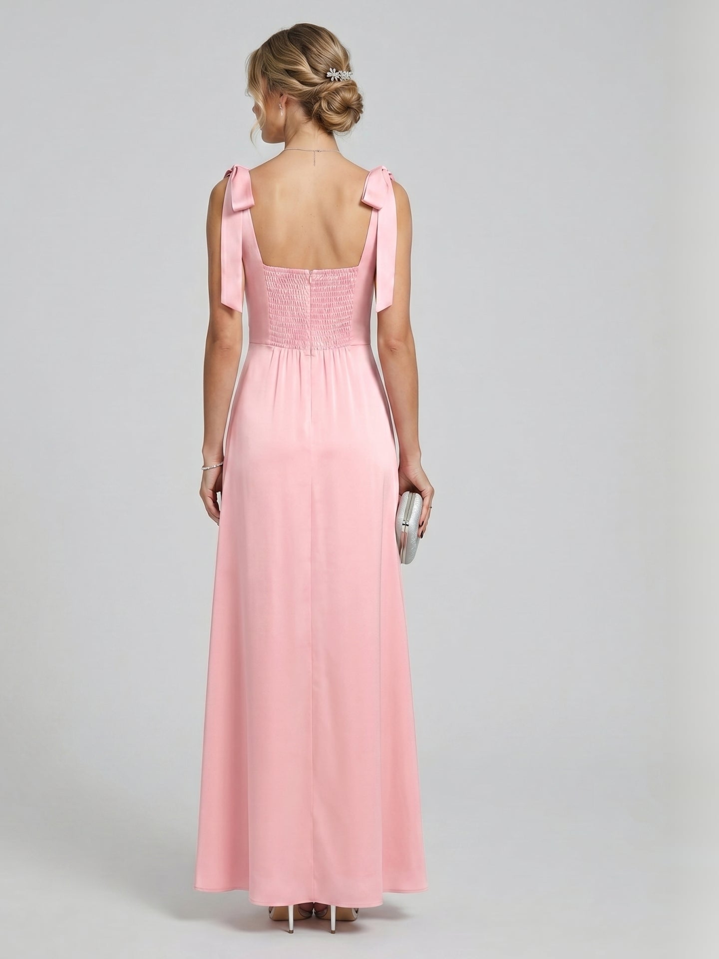 Coquette Petal Satin A-Line Square Neck Back Zip Ankle-Length Bridesmaid Dress