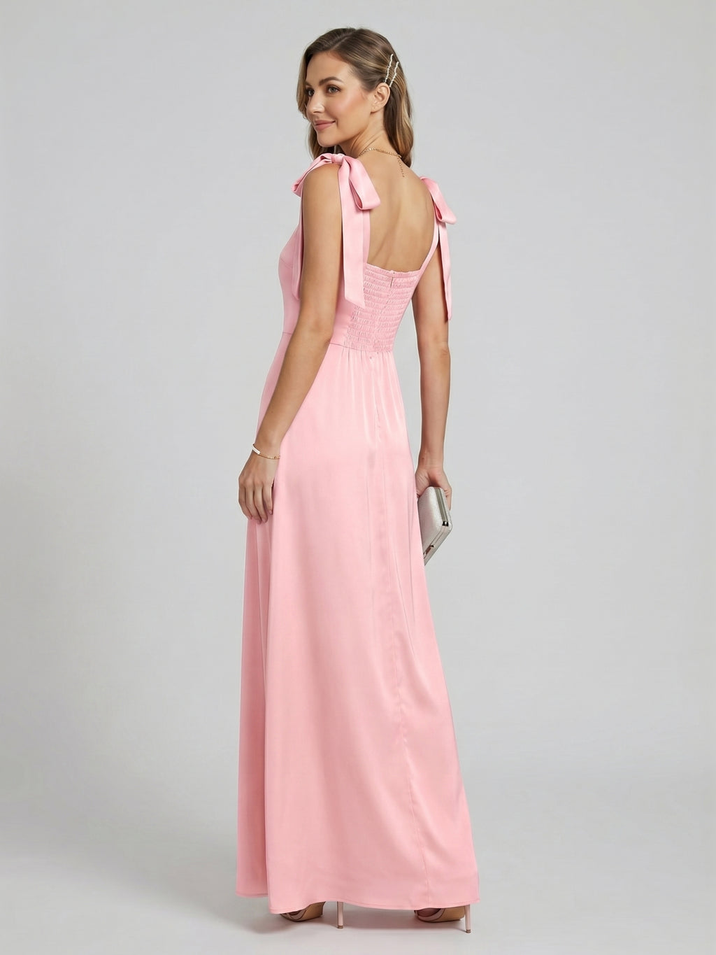 Coquette Petal Satin A-Line Square Neck Back Zip Ankle-Length Bridesmaid Dress